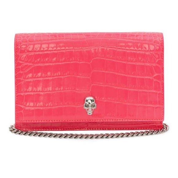 Alexander McQueen Handbags - Alexander McQueen Skull Croc-Embossed Leather Chain Crossbody Neon Pink